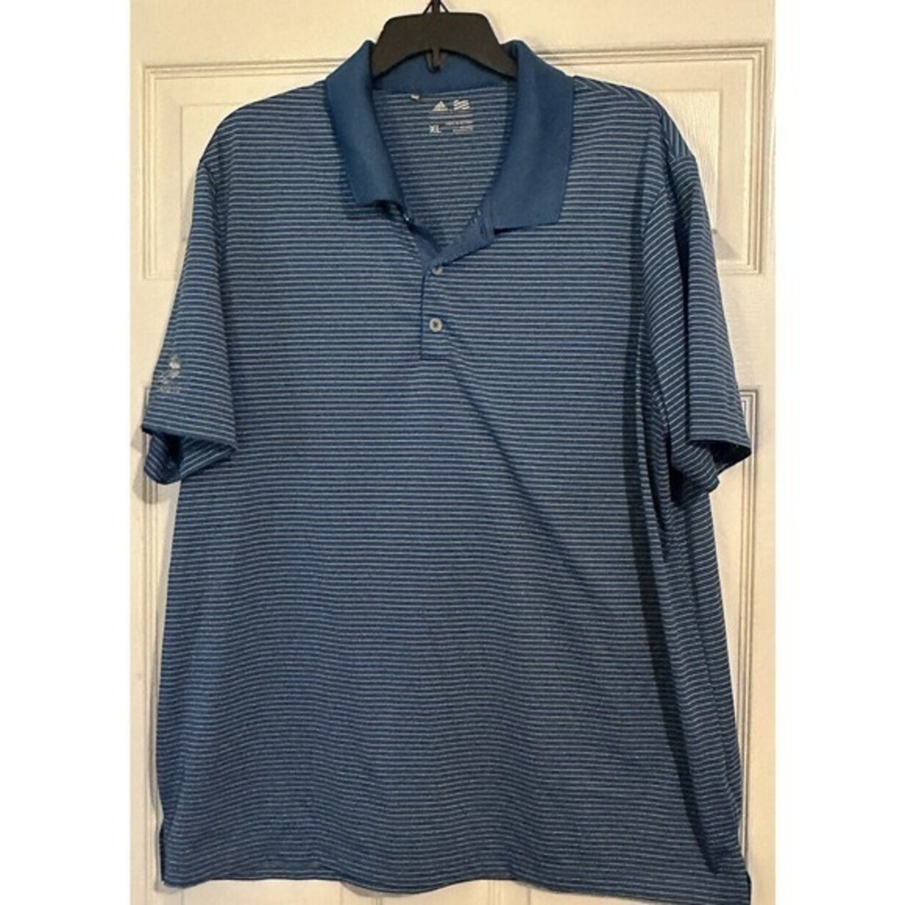 adidas golf shirt mens sz XL blue with white stripes. logo on‎ sleeve